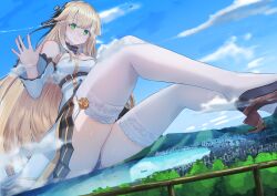 Rule 34 | 1girl, absurdres, aircraft, airplane, aurora (azur lane), azur lane, black panties, blonde hair, blue sky, breasts, city, closed mouth, cloud, commission, giant, giantess, green eyes, high heels, highres, large breasts, long hair, looking at viewer, mountain, natsukaze shigure, panties, rudder footwear, sitting, skeb commission, sky, smile, solo, thighhighs, underwear, very long hair, white thighhighs