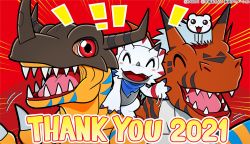Rule 34 | 2021, anniversary, bandai, blush stickers, claws, copyright name, digimon, digimon (creature), digimon adventure: (2020), digimon ghost game, digimon tamers, dinosaur, english text, gammamon, greymon, growmon, happy, horns, looking at viewer, muscular, official art, red background, red eyes, salute, sharp teeth, size difference, tail, teeth, yukimibotamon