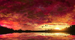 Rule 34 | amatsuki rei, bird, cloud, cloudy sky, commentary request, evening, highres, lake, no humans, original, outdoors, overcast, red sky, reflection, scenery, signature, silhouette, sky, sunset