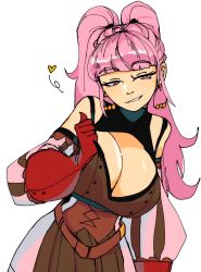 Rule 34 | 1girl, 3amsoda, absurdres, breasts, cleavage, female focus, fire emblem, fire emblem: three houses, gloves, heart, highres, hilda valentine goneril, large breasts, long hair, looking at viewer, matching hair/eyes, nintendo, pink eyes, pink hair, red gloves, simple background, smile, smirk, solo, thumbs up, twintails, white background