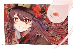 Rule 34 | 1girl, :d, artist name, black hat, boo tao (genshin impact), border, bright pupils, brown coat, brown hair, coat, flower, flower-shaped pupils, genshin impact, ghost, hair between eyes, hat, hat flower, hat tassel, highres, hu tao (genshin impact), konemu, light blush, long hair, looking at viewer, open mouth, orange eyes, outline, portrait, red background, smile, solo, symbol-shaped pupils, twintails, white border, white outline, white pupils