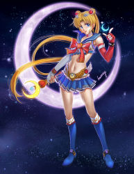Rule 34 | 1girl, adapted costume, bishoujo senshi sailor moon, blonde hair, blue eyes, blue footwear, blue sailor collar, blue skirt, boots, bow, brooch, choker, crescent moon, crop top, double bun, earrings, fingerless gloves, full body, gloves, hair bun, hair ornament, hairpin, heart, heart brooch, hentaitop, highres, jewelry, knee boots, long hair, looking at viewer, maboroshi no ginzuishou, magical girl, moon, moon stick, navel, pleated skirt, red bow, red gloves, sailor collar, sailor moon, signature, skirt, smile, solo, standing, tsukino usagi, twintails, white gloves