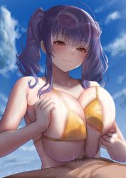 Rule 34 | 1boy, 1girl, ahoge, areola slip, azur lane, bare arms, bare shoulders, bikini, blue sky, blush, breasts, breasts squeezed together, closed mouth, cloud, collarbone, day, eyewear on head, hetero, highres, huge breasts, long hair, male pubic hair, micro bikini, motion lines, official alternate costume, outdoors, paizuri, paizuri over clothes, parasol, penis, pola (azur lane), pola (seaside coincidence) (azur lane), pubic hair, purple hair, red eyes, satou aji, sidelocks, sky, smile, solo focus, sunglasses, sweat, swimsuit, twintails, umbrella, yellow bikini