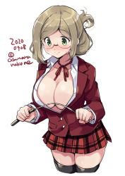 Rule 34 | black thighhighs, breasts, cleavage, cosplay, dated, folded ponytail, glasses, green eyes, holding, kantai collection, katori (kancolle), large breasts, light brown hair, odawara hakone, one-hour drawing challenge, open clothes, pointer, prison school, school uniform, shiraki meiko, shiraki meiko (cosplay), simple background, solo, thighhighs, twitter username, zettai ryouiki