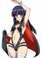 Rule 34 | 1girl, alternate costume, arm up, armpits, bikini, blush, breasts, cape, cleavage, covered erect nipples, highres, hime cut, long hair, medium breasts, nakoruru, navel, open mouth, purple eyes, purple hair, samurai spirits, slingshot swimsuit, snk, snk heroines: tag team frenzy, solo, swimsuit, thick thighs, thighhighs, thighs, vampire costume, wide hips