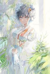 Rule 34 | 1girl, black hair, blue eyes, blue hair, blue kimono, boros (ouro kronii), breasts, closed mouth, eyewear on head, flower, hair flower, hair ornament, hololive, hololive english, hurybone, japanese clothes, kimono, large breasts, looking at viewer, ouro kronii, ouro kronii (new year), round eyewear, solo, virtual youtuber