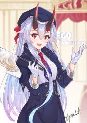Rule 34 | 1girl, anniversary, beret, blue capelet, blue hat, blue skirt, blurry, blurry background, bow, breasts, capelet, commentary request, copyright name, depth of field, fate/grand order, fate (series), flag, gloves, hair between eyes, hair bow, hands up, hat, heroic spirit chaldea park outfit, high-waist skirt, highres, holding, holding flag, horns, indoors, long hair, long sleeves, oni, oni horns, red bow, red eyes, shirt, sidelocks, signature, silver hair, skirt, small breasts, solo, standing, tapioka (oekakitapioka), tomoe gozen (fate), tomoe gozen (festival outfit) (fate), very long hair, white gloves, white shirt