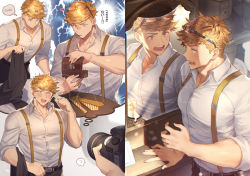 Rule 34 | 1boy, bara, blonde hair, blush, collage, cropped, glasses, granblue fantasy, granblue fantasy (style), green eyes, higashigunkan, laughing, male focus, mirror, mirror image, multiple views, muscular, necktie, one eye closed, open mouth, paid reward available, pectorals, shirt, smile, suspenders, toned, toned male, upper body, vane (granblue fantasy), watermark, white shirt