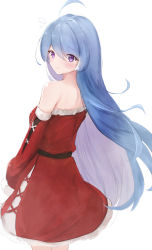Rule 34 | 1girl, absurdres, artist request, azur lane, bad id, bad pixiv id, bare shoulders, blue hair, detached sleeves, dress, fur trim, hair between eyes, helena (azur lane), highres, long hair, looking at viewer, looking back, purple eyes, red dress, simple background, solo, strapless, strapless dress, white background