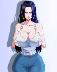 Rule 34 | 1girl, absurdres, artist name, bare shoulders, black hair, blue eyes, boa hancock, breasts, cleavage, collarbone, denim, earrings, grabbing own breast, highres, huge breasts, jeans, jewelry, long hair, looking at viewer, musaed art, one piece, pants, parted bangs, shirt, shirt tucked in, simple background, sleeveless, solo, thick thighs, thighs, tight clothes, tight pants, white shirt, wide hips