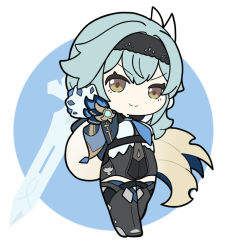 Rule 34 | &gt;:), 1girl, black bodysuit, black footwear, black hairband, blue background, blue hair, bodysuit, boots, brown eyes, chibi, closed mouth, commentary request, eula (genshin impact), full body, genshin impact, hairband, holding, holding sword, holding weapon, long sleeves, nyaru (nyaru 4126), round image, smile, solo, sword, thigh boots, two-tone background, v-shaped eyebrows, weapon, white background