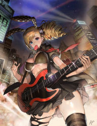 Rule 34 | 1girl, animal ears, blonde hair, blue eyes, breasts, city, covered erect nipples, cowboy shot, guitar, instrument, large breasts, long hair, mouth hold, necktie, original, plectrum, rabbit ears, repi, skirt, smile, solo, thighhighs, torn clothes, torn thighhighs