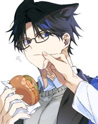 Rule 34 | 1boy, 1other, ?, absurdres, animal ears, beige sweater, bishounen, black hair, blue eyes, burger, cat ears, collared shirt, food, food on hand, glasses, highres, holding, holding food, looking at another, male focus, original, shirt, simple background, solo focus, sweater, timy505, white background, white shirt, wiping face