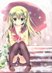Rule 34 | 1girl, alternate costume, azumi kazuki, black thighhighs, bow, breasts, clothes between thighs, collarbone, contemporary, frog hair ornament, full body, green eyes, green hair, hair ornament, kochiya sanae, large breasts, loafers, long hair, long sleeves, looking at viewer, matching hair/eyes, school uniform, serafuku, shirt, shoes, sitting, sitting on stairs, skirt, smile, snow, snowing, solo, stairs, sweater, thighhighs, touhou, tree, upskirt, winter, zettai ryouiki