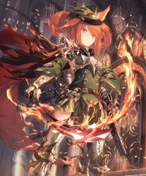 Rule 34 | 10s, 1girl, animal ears, armor, armored boots, artist request, belt, boots, cape, castle, chain, cygames, flaming sword, flaming weapon, gun, hand on own hip, handgun, hat, official art, orange eyes, orange hair, orthrus (shadowverse), peaked cap, scabbard, shadowverse, sheath, shingeki no bahamut, sword, torn cape, torn clothes, weapon