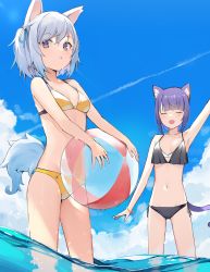 Rule 34 | 2girls, ^ ^, ^o^, absurdres, animal ears, ball, beachball, bikini, black bikini, blue hair, blue sky, breasts, cat ears, cat girl, cat tail, closed eyes, cloud, cloudy sky, commentary, dutch angle, closed eyes, fang, hand up, highres, holding, holding ball, holding beachball, looking at viewer, midriff, multiple girls, navel, original, paw print, purple hair, ryou (ponpgo), short hair, skin fang, sky, small breasts, swimsuit, tail, wading, water, waving, wet, wolf ears, wolf girl, wolf tail, wristband, yellow bikini