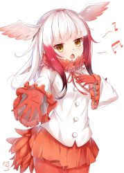 Rule 34 | 10s, 1girl, :3, beamed quavers, blush, brown eyes, cat, chestnut mouth, cowboy shot, frilled sleeves, frills, fur collar, gloves, gradient hair, grey background, hand on own chest, head wings, highres, japanese crested ibis (kemono friends), kemono friends, long hair, looking at viewer, multicolored hair, musical note, nahaki, open mouth, outstretched amr, outstretched arm, pantyhose, quaver, red gloves, red hair, red pantyhose, red skirt, sidelocks, simple background, sin-poi, skirt, solo, streaked hair, tail, two-tone hair, white hair, white wings, wings