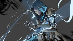 Rule 34 | 1girl, absurdres, android, apex legends, ash (titanfall 2), black sclera, colored sclera, electricity, glowing, glowing eye, grey background, highres, hood, hood up, nn312, orange eyes, science fiction, simulacrum (titanfall), solo, sword, weapon