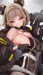 Rule 34 | 1girl, absurdres, armor, armpit crease, black dress, black gloves, black jacket, blush, breasts, brown hair, bullpup, closed mouth, dou, dress, girls&#039; frontline, gloves, gun, highres, holding, holding gun, holding weapon, jacket, japanese armor, large breasts, long hair, long sleeves, lumium, open clothes, open jacket, p90, p90 (girls&#039; frontline), partially fingerless gloves, personal defense weapon, red eyes, short hair, sideboob, smile, solo, submachine gun, weapon