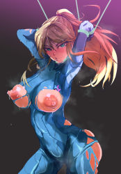 Rule 34 | 1girl, alternate breast size, arms up, blonde hair, blue bodysuit, blush, bodysuit, bound, bound arms, breasts, covered navel, cowboy shot, floating hair, green eyes, high ponytail, highres, impossible bodysuit, impossible clothes, large breasts, lipstick, long hair, long sleeves, looking at viewer, makeup, metroid, metroid: zero mission, mole, mole under mouth, nintendo, nipples, nose blush, parted lips, restrained, samus aran, sidelocks, skin tight, skindentation, solo, stationary restraints, steam, steaming body, torn bodysuit, torn clothes, wet, wet face, wet hair, yamabuki ryuu, zero suit