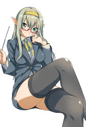 Rule 34 | 1girl, blush, doushimasho, elf, formal, glasses, green eyes, green hair, hairband, hand on own cheek, hand on own face, crossed legs, long hair, looking at viewer, looking up, matching hair/eyes, original, pointer, pointy ears, red-framed eyewear, semi-rimless eyewear, simple background, sitting, smile, solo, thighhighs, white background, zettai ryouiki