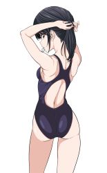 Rule 34 | 1girl, adjusting hair, ashisu sahoto, ass, black hair, breasts, brown eyes, competition swimsuit, cowboy shot, from behind, highres, hiroyuki, long hair, looking back, mangaka-san to assistant-san to, mouth hold, one-piece swimsuit, profile, sideboob, small breasts, solo, spine, swimsuit, tying hair, white background