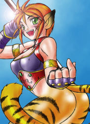 Rule 34 | 1girl, animal ears, ass, blush, breasts, breath of fire, breath of fire ii, bustier, cat ears, cat tail, dr.p, facial mark, furry, furry female, gloves, green eyes, no panties, no pants, orange hair, pointy ears, red hair, rinpoo chuan, short hair, solo, staff, tail