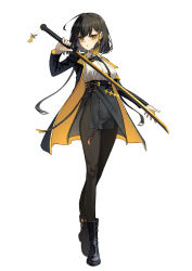 Rule 34 | 1girl, absurdres, black bow, black bowtie, black footwear, black hair, black jacket, black pantyhose, black skirt, boots, bow, bowtie, collared shirt, commentary, commission, earrings, full body, highres, holding, holding sword, holding weapon, jacket, jewelry, katana, long sleeves, looking at viewer, original, pantyhose, parted lips, shirt, short hair, simple background, skirt, solo, sword, tassel, tassel earrings, two-sided fabric, two-sided jacket, weapon, white background, white shirt, yellow eyes, yellow jacket, yoon cook