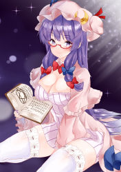 Rule 34 | 1girl, absurdres, bespectacled, blue bow, blue ribbon, blush, book, bow, bowtie, breasts, cleavage, commentary request, crescent, crescent hair ornament, dress, frilled sleeves, frills, glasses, hair bow, hair ornament, hat, hat ribbon, hexagram, highres, holding, holding book, lens flare, light rays, long hair, long sleeves, looking at viewer, medium breasts, meteor (yamashou), mob cap, patchouli knowledge, purple background, purple dress, purple eyes, purple hair, purple hat, red-framed eyewear, red bow, red bowtie, red ribbon, ribbon, semi-rimless eyewear, short dress, sidelocks, sitting, smile, solo, sparkle, striped clothes, striped dress, thighhighs, thighs, touhou, under-rim eyewear, vertical-striped clothes, vertical-striped dress, white thighhighs, wide sleeves, zettai ryouiki