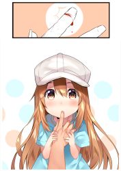 Rule 34 | 10s, 1girl, bleeding, blood, blue shirt, blush, brown eyes, commentary request, cuts, eyes visible through hair, finger in another&#039;s mouth, finger sucking, fingernails, flat cap, hair between eyes, hand grab, hat, hataraku saibou, highres, injury, light brown hair, long hair, looking at viewer, platelet (hataraku saibou), shirt, short sleeves, solo focus, usagihime, very long hair, white hat
