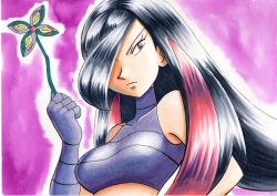 Rule 34 | 1girl, bare shoulders, black hair, breasts, closed mouth, collarbone, commentary request, creatures (company), eyelashes, frown, game freak, gloves, hair over one eye, hand up, highres, holding, long hair, looking down, lucy (pokemon), nintendo, oka mochi, pinwheel, pokemon, pokemon emerald, pokemon rse, purple background, purple gloves, purple shirt, red eyes, red hair, shirt, solo, traditional media, upper body