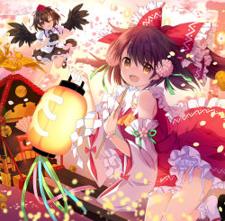 Rule 34 | 2girls, :d, ;q, ascot, bare shoulders, bell, bird, bird wings, black hair, black skirt, black wings, bloomers, bobby socks, bow, brown eyes, brown hair, camera, cherry blossoms, coin, detached sleeves, flower, flower bracelet, frilled bow, frilled shirt collar, frills, gohei, gold, hair bow, hair flower, hair ornament, hakurei reimu, half updo, hat, hinayuki usa, holding, holding camera, holding lantern, jingle bell, koban (gold), lantern, long hair, long sleeves, looking at viewer, multiple girls, nontraditional miko, one eye closed, open mouth, paper lantern, petals, petticoat, puffy short sleeves, puffy sleeves, red bow, red eyes, red shirt, red skirt, shameimaru aya, shirt, short sleeves, skirt, skirt set, smile, socks, tokin hat, tongue, tongue out, torii, touhou, underwear, white legwear, white shirt, wide sleeves, wings, yellow ascot