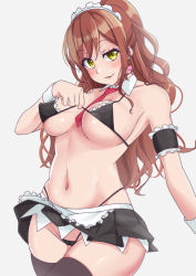 Rule 34 | 163 (shiromeshi), 1girl, alternate eye color, apron, armband, bang dream!, bare shoulders, bikini, bikini tug, black bikini, black skirt, black thighhighs, blush, breasts, brown hair, cameltoe, cleft of venus, commentary request, commission, covered erect nipples, cowboy shot, detached collar, earrings, frilled apron, frilled armband, frilled bikini, frills, g-string, grey background, groin, head tilt, highleg, highleg bikini, highres, imai lisa, jewelry, large breasts, leash, long hair, looking at viewer, maid, maid bikini, maid headdress, microskirt, midriff, navel, necktie, parted lips, pleated skirt, ponytail, rabbit earrings, red necktie, sidelocks, simple background, skindentation, skirt, smile, smug, solo, standing, stomach, swimsuit, thighhighs, thong, unconventional maid, wavy hair, wide ponytail, wing collar, wrist cuffs, yellow eyes