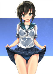 Rule 34 | 1girl, black hair, black one-piece swimsuit, blue sailor collar, blue skirt, blush, clothes lift, collarbone, cowboy shot, fubuki (kancolle), green eyes, hair between eyes, highres, kantai collection, lifted by self, one-piece swimsuit, open mouth, pleated skirt, sailor collar, school swimsuit, school uniform, see-through, serafuku, short hair, short ponytail, short sleeves, skirt, skirt lift, solo, swimsuit, swimsuit under clothes, unomi