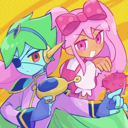 Rule 34 | 1boy, 1girl, blue gloves, blue skin, bow, captain spaceboy, closed mouth, colored sclera, colored skin, dark-skinned female, dark skin, dress, eyepatch, fingerless gloves, gloves, green hair, gun, hair between eyes, hair bow, halftone, halftone background, holding, holding gun, holding weapon, long hair, looking at viewer, mace, omori, open mouth, pink bow, pink dress, pink eyes, pink hair, pink shirt, polka dot, polka dot background, polka dot bow, puffy short sleeves, puffy sleeves, red eyes, shirt, short hair, short sleeves, sidelocks, smile, spiked mace, spikes, sr ld fr, sweetheart (omori), twintails, weapon, white sleeves, yellow background, yellow sclera