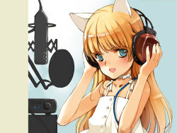 Rule 34 | 1girl, :d, amplifier, animal ears, blonde hair, blue eyes, blush, bow, buttons, cable, cat ears, child, choker, dress, ema (clovers), ema (shirotsume souwa), episode of the clovers, flat chest, hands on headphones, headphones, highres, indoors, littlewitch, long hair, looking at viewer, official art, official wallpaper, ooyari ashito, open mouth, parted bangs, ribbon, shirotsume souwa, smile, solo, sundress, upper body, wallpaper