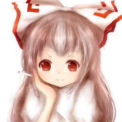 Rule 34 | 1girl, amano jack, arm support, bad id, bad pixiv id, bell, bow, cigarette, fujiwara no mokou, hair bell, hair bow, hair ornament, head rest, highres, long hair, looking at viewer, red eyes, shirt, silver hair, simple background, smile, solo, touhou, transparent background, upper body, white background