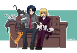 Rule 34 | 1boy, 1girl, artist name, athrun zala, blonde hair, blue hair, cagalli yula athha, cat, cat day, couch, couple, formal, fumiko (mesushi), green eyes, grey pants, grey shirt, gundam, gundam seed, gundam seed freedom, jacket, lint roller, multiple cats, pant suit, pants, petting, red tie, scratching, shirt, short hair, sitting, smile, suit, unworn jacket, yellow eyes
