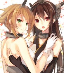 Rule 34 | 10s, 2girls, artist name, back, black gloves, brown hair, elbow gloves, fingerless gloves, from side, gloves, green eyes, hand on another&#039;s back, hands on another&#039;s shoulders, headgear, jpeg artifacts, kantai collection, long hair, looking at viewer, multiple girls, mutsu (kancolle), nagato (kancolle), one-hour drawing challenge, red eyes, short hair, signature, smile, toosaka asagi, white gloves
