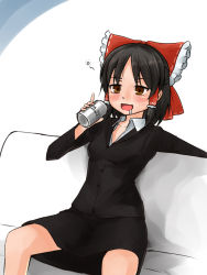 Rule 34 | 1girl, :d, beer can, black hair, black jacket, black skirt, blazer, blush, bow, brown hair, can, collared shirt, commentary request, cookie (touhou), couch, drink can, drooling, drunk, feet out of frame, frilled bow, frills, haiji (sugakunigate), hair bow, hair tubes, hakurei reimu, half updo, jacket, looking at viewer, office lady, open mouth, red bow, sananana (cookie), shirt, short hair, sitting, skirt, smile, solo, squeans, touhou, white shirt