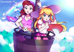 Rule 34 | 2girls, absurdres, aircraft, airship, artist name, bandana, belt, blonde hair, blue eyes, breasts, brown eyes, captain syrup, cheesemine, dress, earrings, grin, hand on own hip, hat, highres, jewelry, lipstick, looking at viewer, makeup, mario (series), multiple girls, nintendo, pink dress, pirate, princess peach, princess peach (vacation), rainbow, red hair, skull, sky, smile, standing, super mario odyssey, wario land, wario land: shake it!