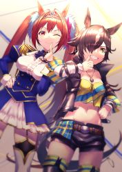 Rule 34 | 2girls, ;), animal ears, black footwear, black jacket, black shorts, blue bow, boots, bow, bowtie, breasts, brown eyes, brown hair, center frills, cleavage, closed mouth, collarbone, commentary request, cowboy shot, crop top, daiwa scarlet (umamusume), ear ornament, epaulettes, fang, fang out, finger to mouth, fold-over boots, frilled skirt, frills, garter straps, grin, groin, hair between eyes, hair intakes, hair over one eye, hand on own hip, highres, horse ears, horse girl, horse tail, jacket, jewelry, large breasts, layered legwear, long hair, long sleeves, looking at viewer, medium breasts, midriff, multicolored hair, multiple girls, navel, necklace, one eye closed, open clothes, open jacket, ozu (zii), red eyes, shirt, short shorts, shorts, sidelocks, skindentation, skirt, smile, standing, tail, teeth, thigh boots, thighhighs, tiara, twintails, two-tone hair, umamusume, very long hair, vodka (umamusume), white hair, white shirt, white skirt, yellow shirt, zettai ryouiki