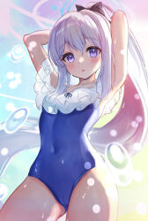 Rule 34 | 1girl, armpits, arms up, black bow, blue archive, blue halo, blue one-piece swimsuit, blurry, blush, bow, cameltoe, commentary request, cowboy shot, depth of field, double-parted bangs, eyelashes, eyes visible through hair, floating hair, frilled one-piece swimsuit, frills, gluteal fold, grey hair, hair between eyes, hair bow, halo, long hair, looking at viewer, miyako (blue archive), one-piece swimsuit, paid reward available, parted lips, ponytail, purple eyes, school swimsuit, shiki samapoke, sidelighting, simple background, solo, standing, swimsuit, very long hair, wading, water, water drop, wet, wet clothes, wet swimsuit