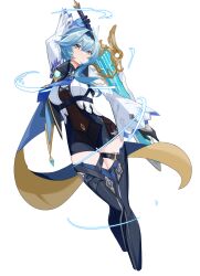 Rule 34 | 1506352126, 1girl, absurdres, arm up, aura, black gloves, black hairband, blue cape, blue gloves, blue hair, blue necktie, blush, boots, breasts, cape, chest harness, clothing cutout, cropped legs, crossed bangs, eula (genshin impact), genshin impact, gloves, greatsword, hair between eyes, hair ornament, hairband, harness, high-waist shorts, highres, holding, holding weapon, huge weapon, large breasts, long sleeves, looking to the side, medium hair, multicolored eyes, necktie, parted bangs, puffy long sleeves, puffy sleeves, purple eyes, see-through cutout, shorts, shoulder cutout, sidelocks, simple background, solo, song of broken pines (genshin impact), sword, thigh boots, thigh gap, thighs, two-sided gloves, vision (genshin impact), weapon, white background, white sleeves, yellow eyes