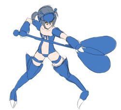 Rule 34 | 1girl, antennae, armor, black hair, blue armor, blue footwear, blue gloves, blue panties, boots, choker, claws, collarbone, creatures (company), detached sleeves, furuaki, game freak, gen 2 pokemon, gloves, headpiece, heracross, holding, lingerie, lowres, negligee, nintendo, panties, personification, pokemon, pokemon gsc, polearm, short hair, short sleeves, spear, standing, thigh strap, thighhighs, twintails, underwear, weapon, white background, yellow eyes
