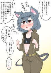 Rule 34 | 1girl, alternate costume, animal ears, black bra, blush, bra, breasts, chestnut mouth, clenched hands, cowboy shot, eyebrows, grey hair, half-closed eyes, highres, hip focus, jewelry, jumpsuit, mouse ears, mouse tail, navel, nazrin, open clothes, pendant, round teeth, short hair, small breasts, solo, sports bra, strapless, strapless bra, tail, takeu, teeth, thick eyebrows, touhou, underwear