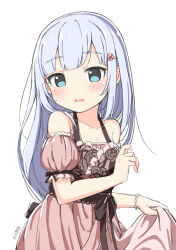 Rule 34 | 1girl, aqua eyes, bare shoulders, blue hair, blush, bracelet, breasts, character name, cleavage, collarbone, cowboy shot, detached sleeves, eyelashes, floral print, flower, frilled negligee, hair flower, hair ornament, holding, holding clothes, holding skirt, idolmaster, idolmaster million live!, idolmaster million live! theater days, jewelry, kuresuku (lessons), medium breasts, official alternate costume, parted bangs, parted lips, pink negligee, puffy short sleeves, puffy sleeves, rose print, shiraishi tsumugi, short sleeves, sidelocks, simple background, skirt, solo, straight hair, wavy mouth, white background
