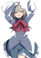 Rule 34 | 1girl, :d, ahoge, arms up, assault lily, blue skirt, blush, bow, bowtie, commentary, cowboy shot, frilled skirt, frills, grey hair, hair between eyes, herensuge girls academy school uniform, ishitsuma canon, jacket, long hair, long sleeves, looking at viewer, miniskirt, open mouth, oversized clothes, red bow, red bowtie, sasaki ran, school uniform, simple background, skirt, sleeves past fingers, sleeves past wrists, smile, solo, standing, white background, white jacket, yellow eyes
