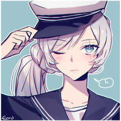 Rule 34 | 1girl, adjusting hair, blue background, blue eyes, blue sailor collar, blue shirt, closed mouth, collarbone, collared shirt, ecru, frown, hat, long hair, looking at viewer, one eye closed, portrait, rwby, sailor collar, sailor shirt, scar, scar across eye, scar on face, shirt, silver hair, smile, solo, swept bangs, very long hair, weiss schnee, white hat
