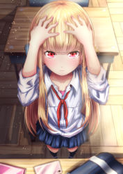 Rule 34 | 1girl, absurdres, annoyed, arms up, bag, black socks, blonde hair, blue skirt, cellphone, chair, classroom, commentary request, desk, foreshortening, from above, hands on own head, highres, indoors, joshikousei no mudazukai, kneehighs, long hair, looking at viewer, looking up, momoi saku, phone, pout, red eyes, school uniform, shirt, shoes, skirt, smartphone, socks, solo, very long hair, white shirt